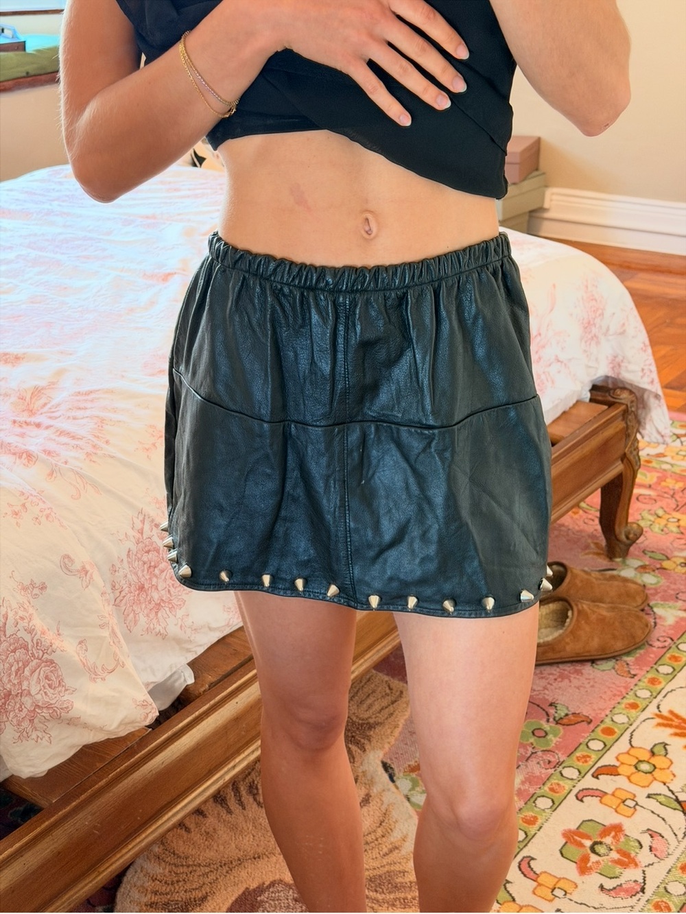 RARE The Ragged Priest Black Faux Leather Mini Skirt with Studded Hem
